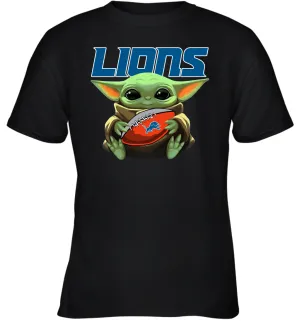 Baby Yoda Loves The Detroit Lions Star Wars Baby Yoda Hugs Lions NFL Youth T-Shirt