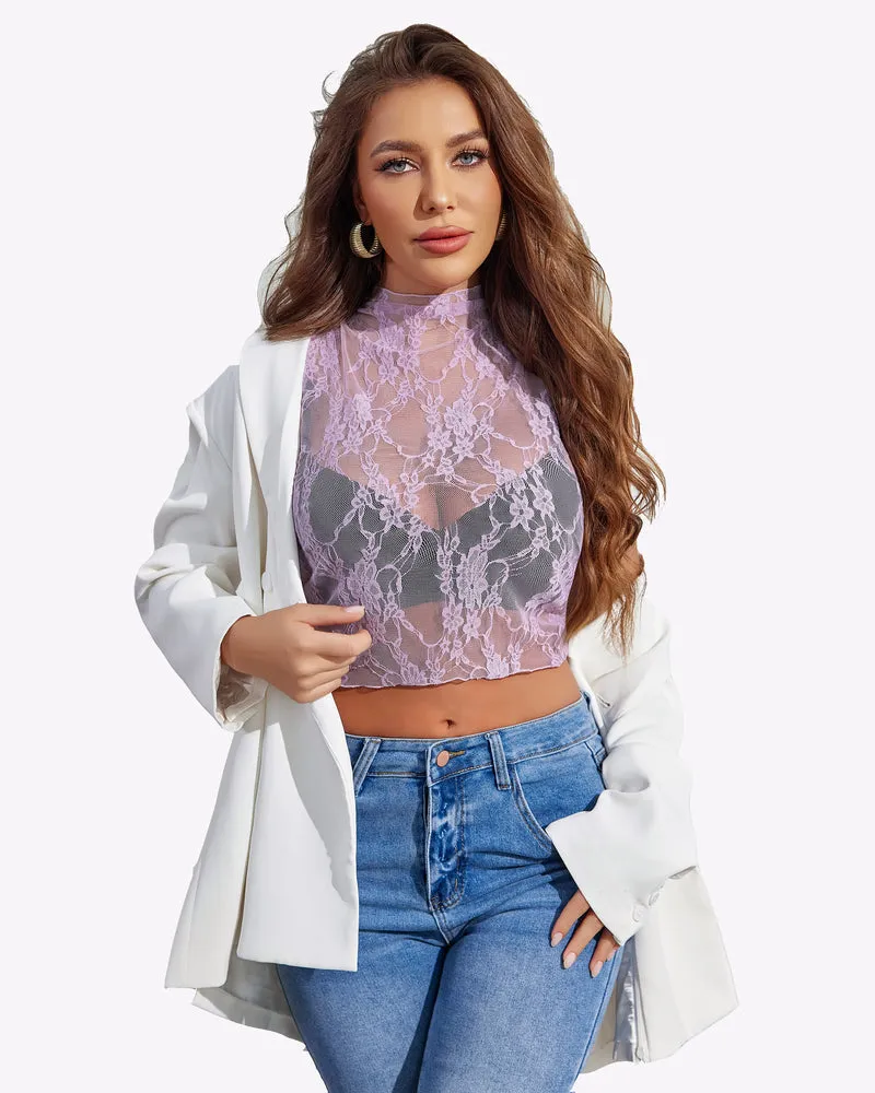 Mock Neck Lace Floral See Through Tank