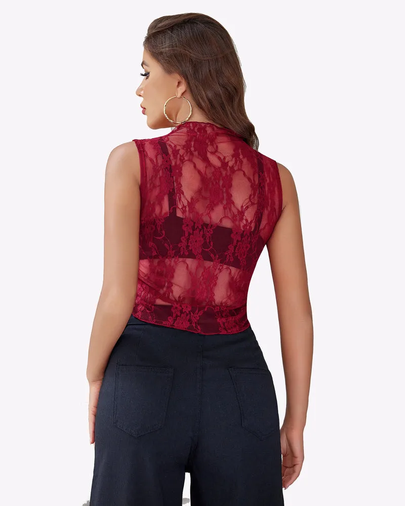 Mock Neck Lace Floral See Through Tank
