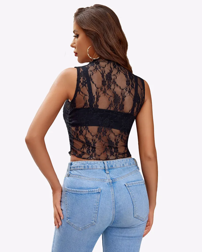 Mock Neck Lace Floral See Through Tank