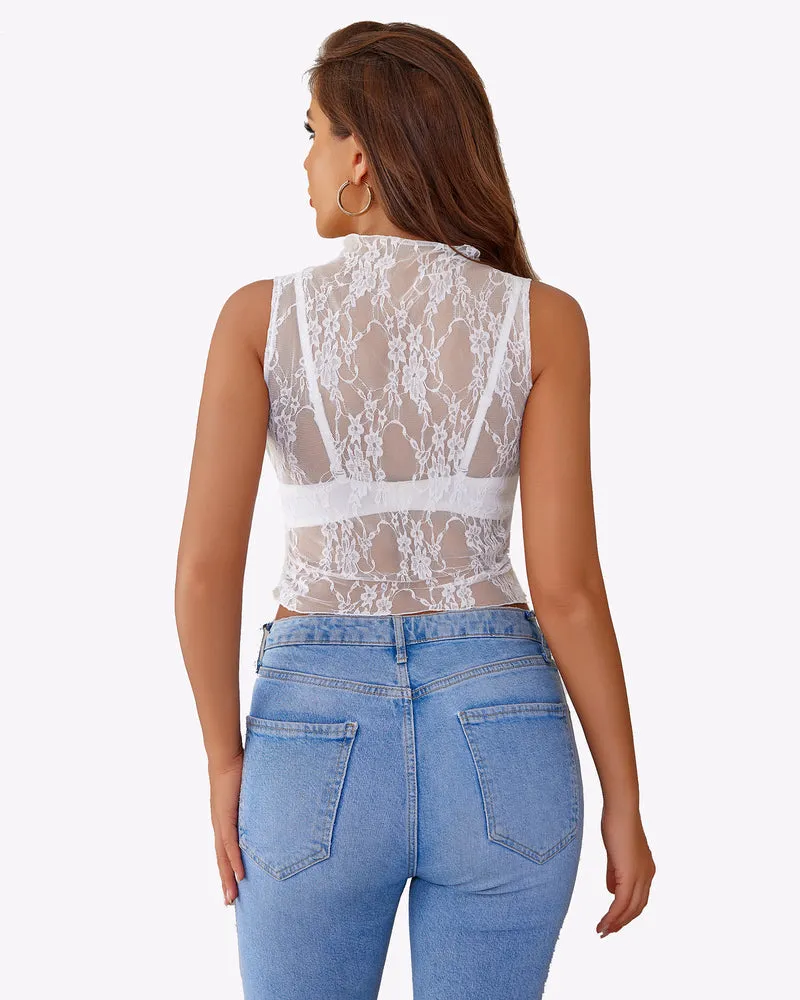 Mock Neck Lace Floral See Through Tank