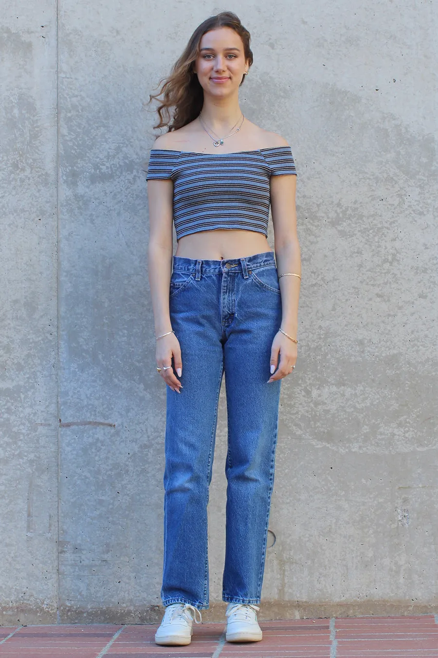Off Shoulder Crop Top - Stretchy Blue Stripe