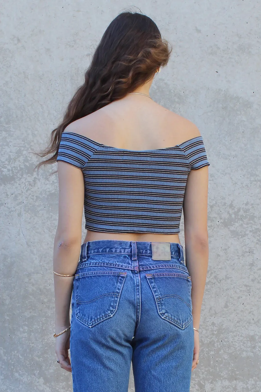Off Shoulder Crop Top - Stretchy Blue Stripe