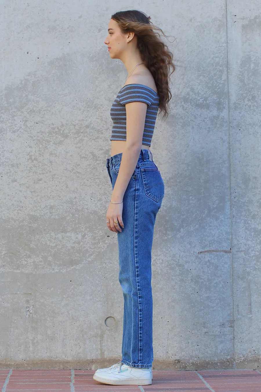 Off Shoulder Crop Top - Stretchy Blue Stripe