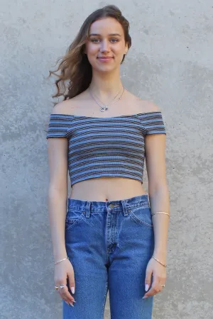 Off Shoulder Crop Top - Stretchy Blue Stripe