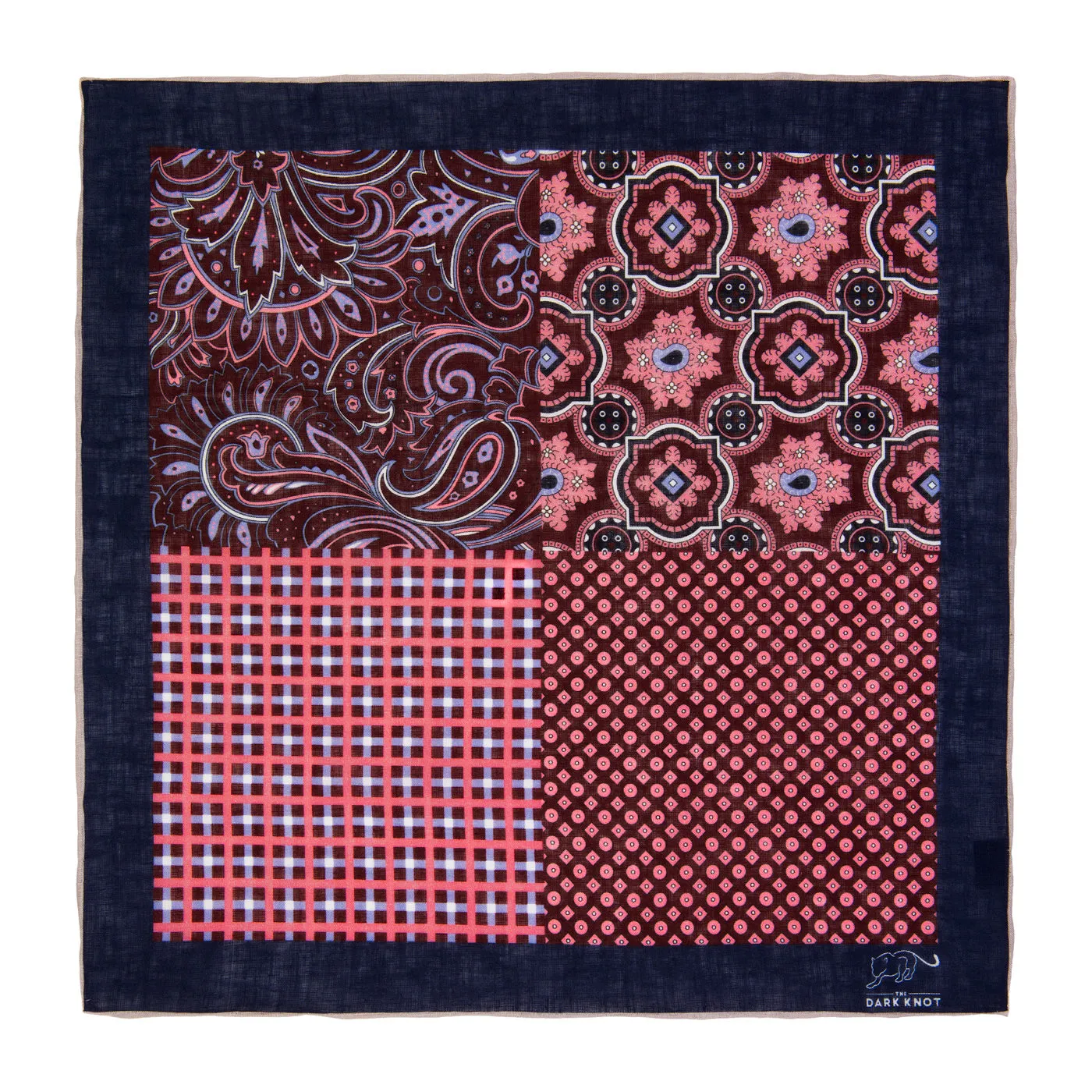 Watertown Quad Design Linen Pocket Square, Burgundy / Pink