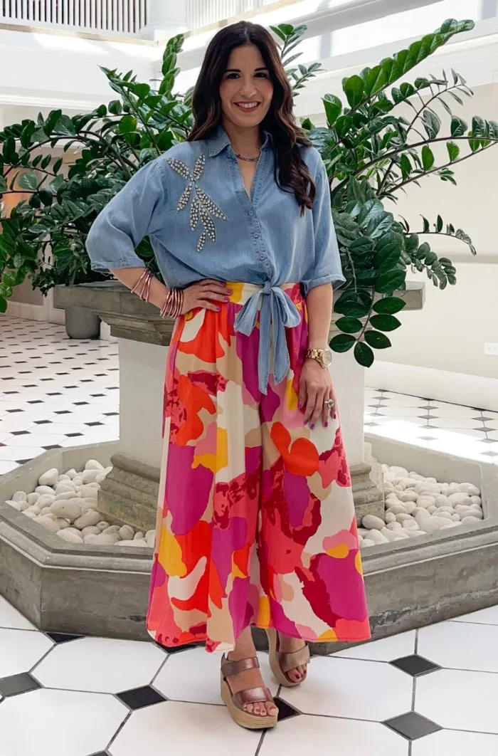 Whimsy Bloom Wide Leg Midi Pants